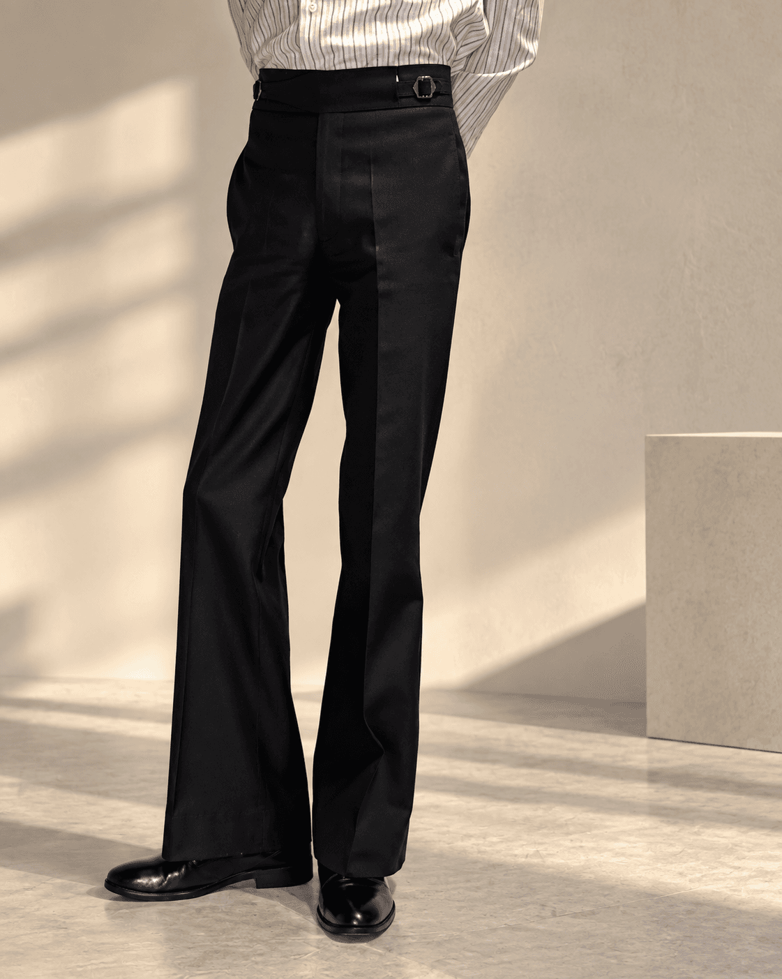 Hollywood's Top Black Gurkha Flare — front, cross-buckle waistband