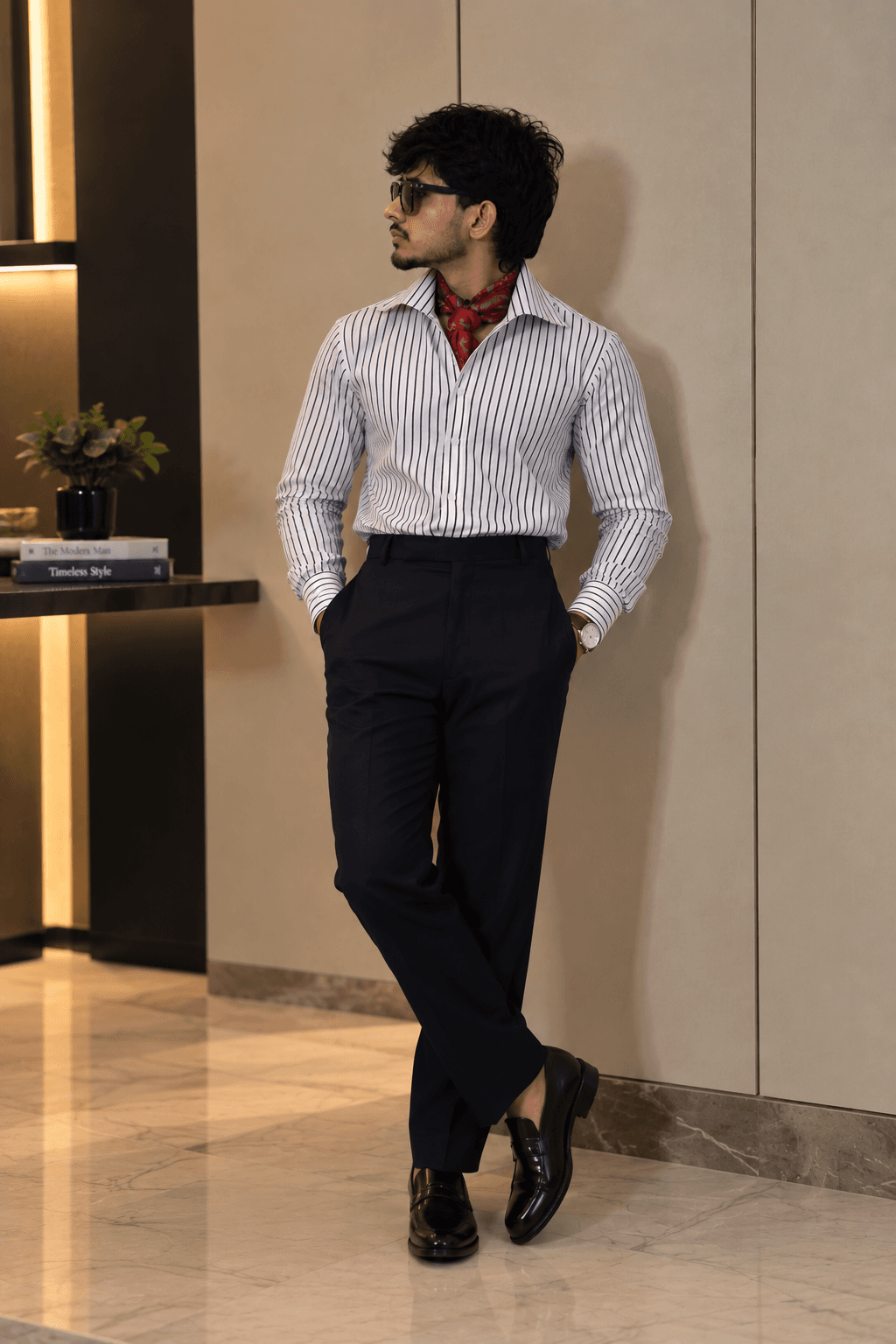 The 70s Look — striped broad collar over black Gurkha Flare.