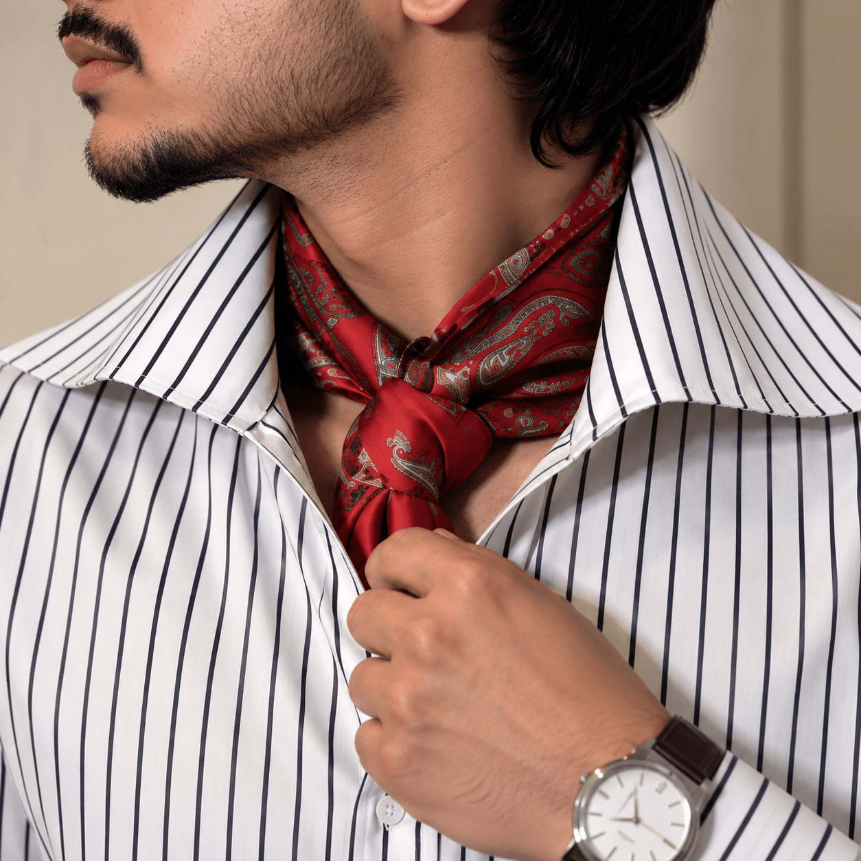 The paisley scarf, tied.