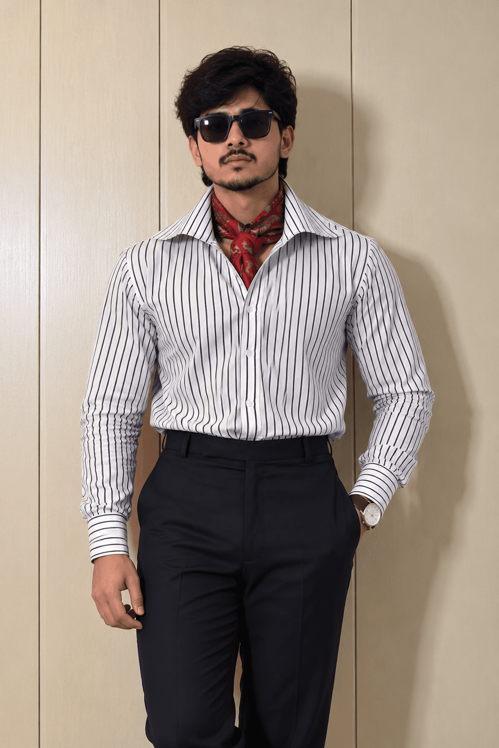 Striped broad collar shirt — front, beige wall