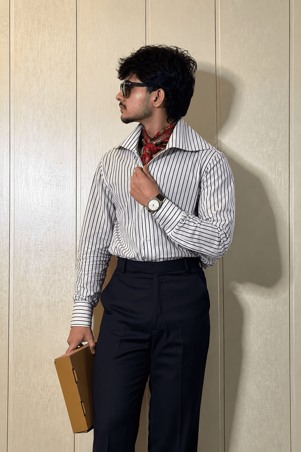 Striped broad collar shirt — side, beige wall